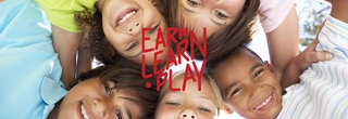 Main banner of Earn Learn Play initiative with five children pictured here
